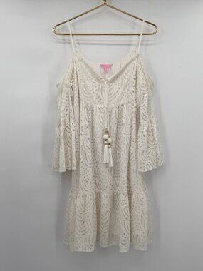 Lilly Pulitzer Ivory Lace Cold Shoulder Mini Dress Tassel Boho Women L